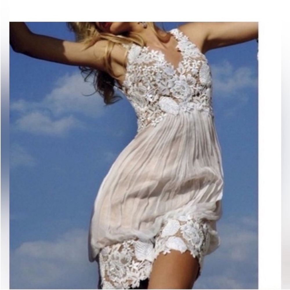Jovani Sequin White Lace Embroidered Mini Cream Dress